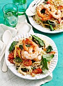 Olive oil poached prawns and pasta