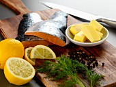 Ingredients for salmon fillet with lemon and dill