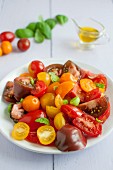 Colourful tomato salad with basil and olive oil
