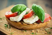 A slice of bread topped with tomatoes, vegan mozzarella and basil