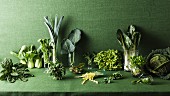 Verschiedene grüne Gemüsesorten auf grünem Tisch