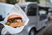 A hamburger from a fast food truck