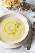 Cream of leek soup with olive oil