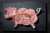 Cuts of pork in the shape of a pig (seen from above)