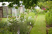 Idylisch blühender Bauerngarten mit Gewächshaus und Rasenweg