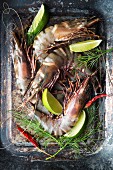 Raw king prawns with dill, chilli and lime wedges