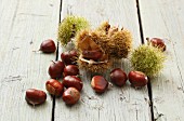 Chestnuts and cases on a wooden surface