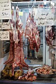 Lamb on display in the window of a butcher's at a market in Isfahan (Iran)