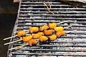 Skewered weevil larvae on a barbecue, Ecuador