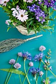 Basket of Cape daisies & purple lantana next to cornflowers, sage & chive flowers