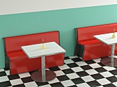 American-style café with red benches, metal tables & chequered floor