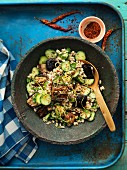 Farro salad with aubergines and courgettes