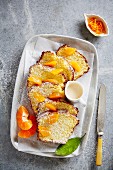Madeira cake with clementines and sugar glaze