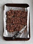 Homemade chocolate crispy cakes cut into squares