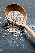 White chia seeds on a wooden spoon