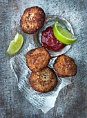 Fish cakes with a tandoori sauce and limes