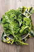 Fresh kale in a colander (seen from above)