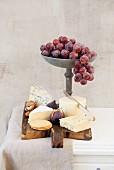 Cheese platter featuring Havarti, Brie, Danish caraway cheese, blue cheese, figs, crackers, grapes and nuts