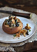 Mixed wild mushrooms served in a roll
