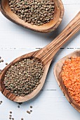 Red and green lentils on wooden spoons