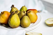 Autumn pears on white plate