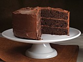 A chocolate cake on a cake stand