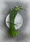 A bundle of garlic chives on a plate