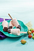Gooseberry and elderflower ice cream sticks with chocolate glaze