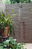 Garden shower on brick wall painted dark grey and potted foliage plant