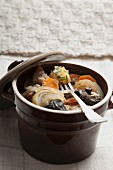 Czenaki (meat and vegetable stew from Eastern Europe) in a clay pot