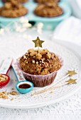 Spiced date and pecan nut muffins with caramel sauce and crumbles (Christmas)