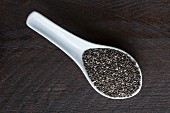 Chia seed on a porcelain spoon on a dark surface