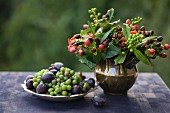 Autumn posy of St John's wort berries in brass vase next to zinc dish of grapes and plums