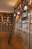 Sconce lamps with lampshades attached to floor-to-ceiling bookcases in traditional library with library ladder