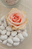 Apricotfarbene Rosenblüte und Hochzeitsmandeln in Glasschale