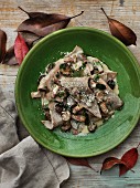 Buckwheat pasta with a mushroom sauce and Parmesan cheese
