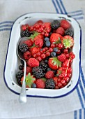 Summer berries in an enamel dish