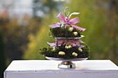 Cake stand decorated for Easter with egg ornaments, figurines and pink ribbon