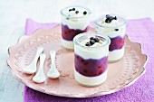 Blueberry and coconut ice cream in glasses