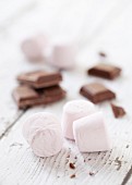 Pink marshmallows and pieces of milk chocolate