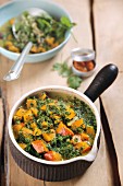 Pumpkin and green cabbage curry with coriander bulgur