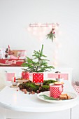 Small fir tree in tin and moss on festive table