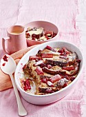 Rhubarb and raisin bread and butter pudding