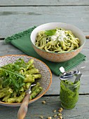 Trenette with pesto and penne pasta with rocket pesto