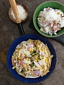 Calamarata alla Pastora and fusilli with fennel, sweetcorn and ham