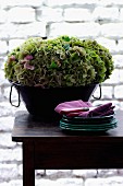 Hydrangea and plates on wooden table in front of white brick wall