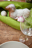 A sweet Easter lamb cake and Easter eggs as table decoration