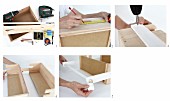 Instructions for making bathroom shelves with towel rail out of a wooden crate