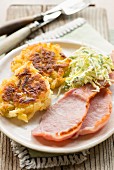 Hash browns with bacon and coleslaw