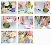 Arranging a bouquet in a tin can decorated with lace